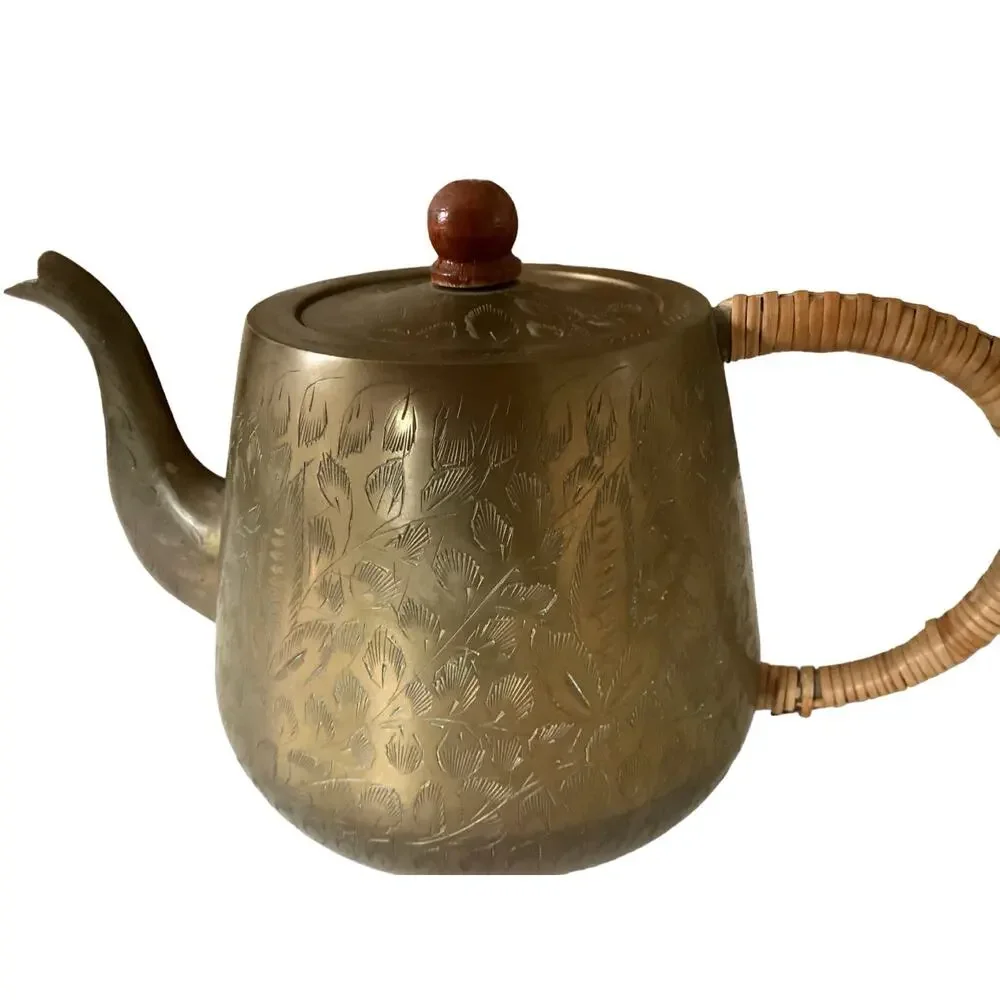 Etched Brass Vintage Teapot Woven Wrap Handle India Marked